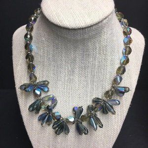 Iridescent Chunky Statement Necklace Faceted Green Blue Purple Silver Lobster